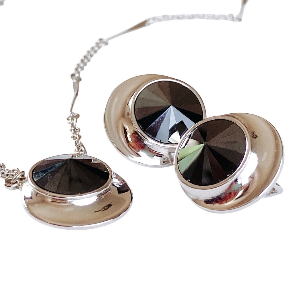 VTG Signed Sarah Coventry Clip Earrings Necklace Set Black Glass Silver Tone 70s